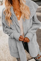 Luxurious Light Gray Faux Fur Hooded Open Front Coat for Casual Comfort
