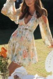 Vintage Floral Long Sleeve Boho Mini Dress with Hollow Out and Deep Vneck
