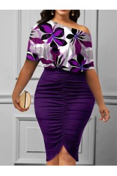 Lilac Blossom Ruched Bodycon Stretchy Knee Pencil Dress