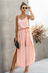Pretty Pink Spaghetti Strap Slit Jumpsuit - Perfect for Casual Wear 