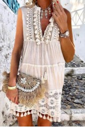 Bohemian Summer Vibes: Hollow Out Sweet Lace Tassel Mini Dress