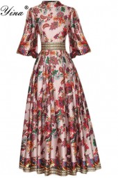 Autumnal Elegance: Stand Collar Puff Sleeve Floral Vintage Long Vacation Dress