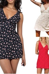 Floral Summer Dress: Sleeveless, Deep Neck, Skinny, Casual Mini Sling