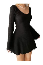 Stylish Solid Ribbed Long Sleeve Vneck Mini Dress for Spring