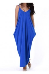 Regal Elegance: Open Back Pocket Decorated Royal Blue Dress