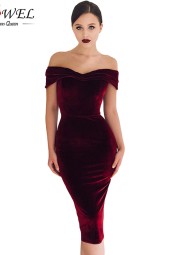 Luxurious Burgundy Velvet Off Shoulder Party Dress - Elegant Black Ruched Bodycon Midi Evening Gown