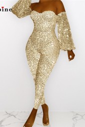 Gleaming Glamour: Sequin-Embellished Strapless Backless Streetwear Jumpsuit