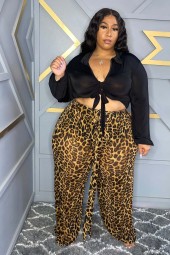 Plus Size Fall Flair: Long Sleeve Leopard Shirt & Pant Two Piece Set