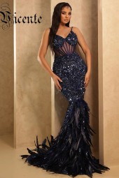 Velvet Luxury: Elegant Spaghetti Strap Sweetheart Bodycon Lace Feather Maxi Long Gown for Evening Formal Occasions