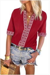 Summer Embroidered Cotton Loose Blouse: V-Neck Half Sleeve Pullover Top