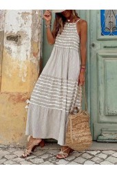 Summer Casual Loose Long Beach Vintage Striped Patchwork Maxi Elegant Sleeveless Straps Dress