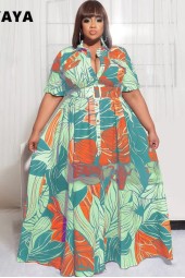 Elegant Plus Size Floral Leaf Half Sleeve High Waist Sine Breasted Big Swing Shirt Style Maxi Long Dress