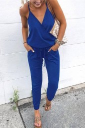 Light Blue Spaghetti Strap V-Neck Drawstring Jumpsuit - Perfect for Casual Wear