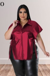 Plus Size Elegant Lapel Bandage Shirt - Short Sleeve Solid Color Loose Chic Blouse