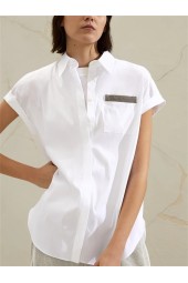Pocket Bead Chain Blouse: Black/White Summer Turndown Sleeve Shirt
