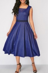 Classic Blue Denim Square Collar Dress with Wide Strap
