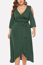 Plus Size Green Cold Shoulder Wrap Dress with V-Neck and Tied Overlap Detail