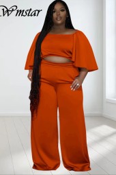 Plus Size Comfort: Solid Off Shoulder Tops & Wide Leg Pants Two Piece Matching Set for  Shopping