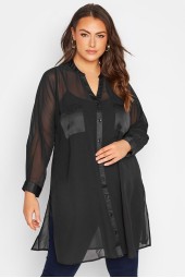 Plus Size Long Sleeve Elegant Black Blouse, XL, Button-Up