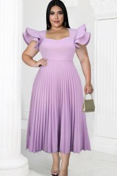 Plus Size Light Purple Square Neck Pleated Dress