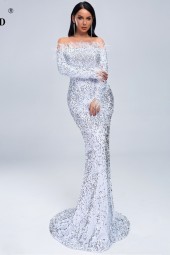 Glimmering Reflections: Off Shoulder Feather Long Sleeve Sequin Floor Length Evening Maxi Dress