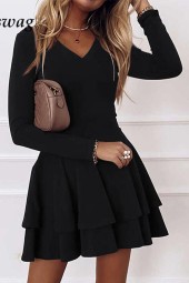 Elegant Autumn Office Mini Dress - Neck Pleated Party Spring Solid Casual Long Sleeve Loose