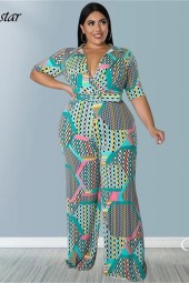 Plus Size Jumpsuit Summer Neck With Belt Urban Leisure Shirts Bodysuit - Perfect for Any Occasion 
