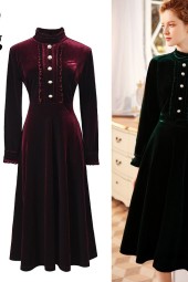 Vintage-Inspired Elegance: Ruched Button Decor Line Midi Long Velvet Office Work Dress for Winter and Autumn