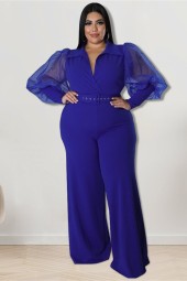 Elegant Plus Size Jumpsuit with Single Mesh Sleeve and Belt - Perfect for the Office