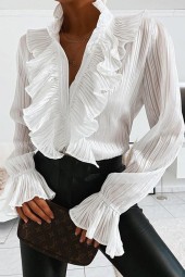 Autumn Ruffle Button Chiffon Elegant Flare Sleeve Blouse Shirt