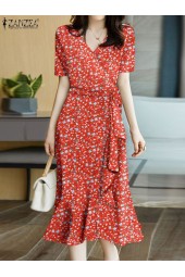 Boho Floral V-Neck Midi Dress with Ruffled Hem