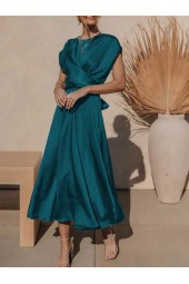 Summer Elegant Satin Silk Green Office Laceup Midi Chic Evening Dress