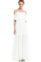 Elegant White Cold Shoulder Maxi Dress with Ruffles and Pleats
