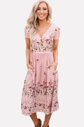 Pretty in Pink Floral: Casual Midi A Line Dress with Pockets