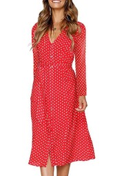 Women's & Fun: Red Polka Dot Button Up Tied Long Sleeve A Line Dress