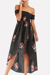 Romantic Black Floral Off Shoulder Chiffon Dress with Shirred Overlap Detail