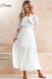 Summer Sundress White Beach Dress Strapless Long Sleeve Loose Off Shoulder Lace Boho Chiffon Maxi Dress