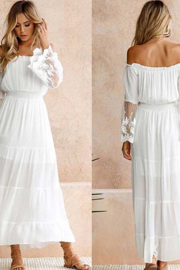 Summer Breeze: White Strapless Lace Boho Chiffon Maxi Dress for the Beach