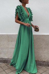 Vintage Elegance: Summer-Autumn Ruffled Petal Sleeve Maxi Dress with Deep V-Neck and Backless Design
