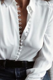 Elegant White Office Cardigan - Autumn Buttons Neck Turndown Collar Long Sleeve Blouse Plus Size Top