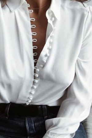 Elegant White Office Cardigan - Autumn Buttons Neck Turndown Collar Long Sleeve Blouse Plus Size Top