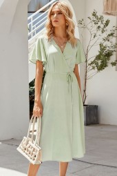 Fresh and Flirty Light Green Wrap Dress with Belt and Slit