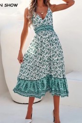 Bohemian Floral Sling Swing Maxi Long Dress - Perfect for Beach Holidays!