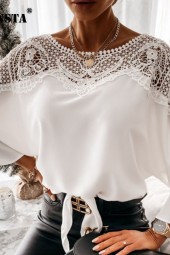 Embroidery Crochet Lace Blouse Shirt Elegant Oneck Hollow Out Top Pullover Spring Autumn Batwing Sleeve Bandage Blusa