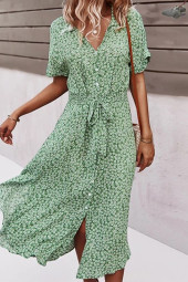 Floral Vibes: Casual V-Neck Mid-Length Short Sleeve Button Loose Lace-Up Dress f