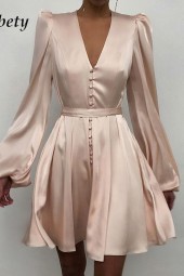 Gorgeous Spring Party Dress - Elegant Solid Silk Satin Deep Neck Lantern Sleeve Mini High Waist Buttons