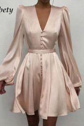 Elegant Silk Satin Deep Neck Lantern Sleeve Midi Dress Apricot Elegant Silk Satin Deep Neck Lantern Sleeve Midi Dress Apricot