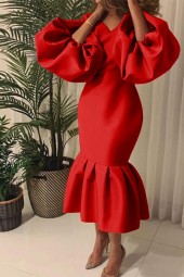 Elegant Solid Lantern Sleeve Club Office Neck Long Spring Autumn Pleated Bodycon Dress - Perfect for Any Occasion