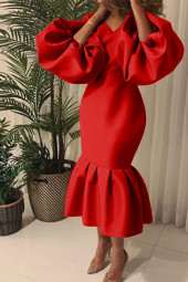 Solid V-Neck Long Sleeves Bodycon Dress