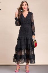 Autumn Elegance: Black Lantern Sleeve Lace Embroidered Patchwork Midi Dress